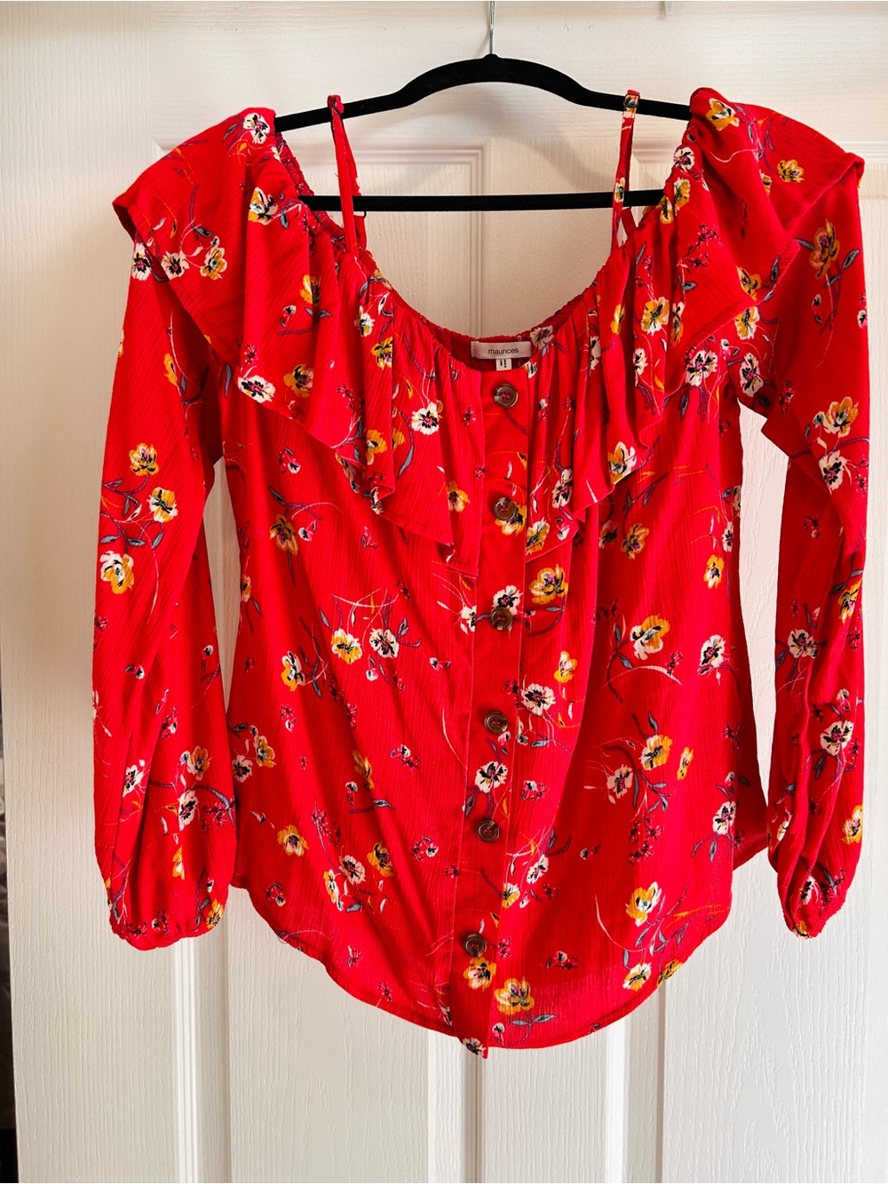 Maurices 🔥 Red Floral Off-Shoulder Ruffle Blouse - Picture 2 of 2